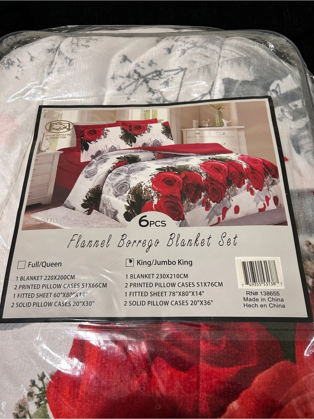 Flannel Borrego Blanket Set - Red Rose Print (6pcs)
